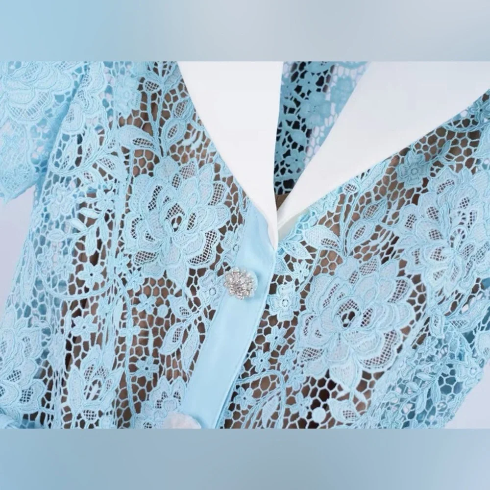 Self-Portrait Blue Lace Embellished Buttons Belted Mini Dress UK8/US4 NWOT - Picture 5 of 11